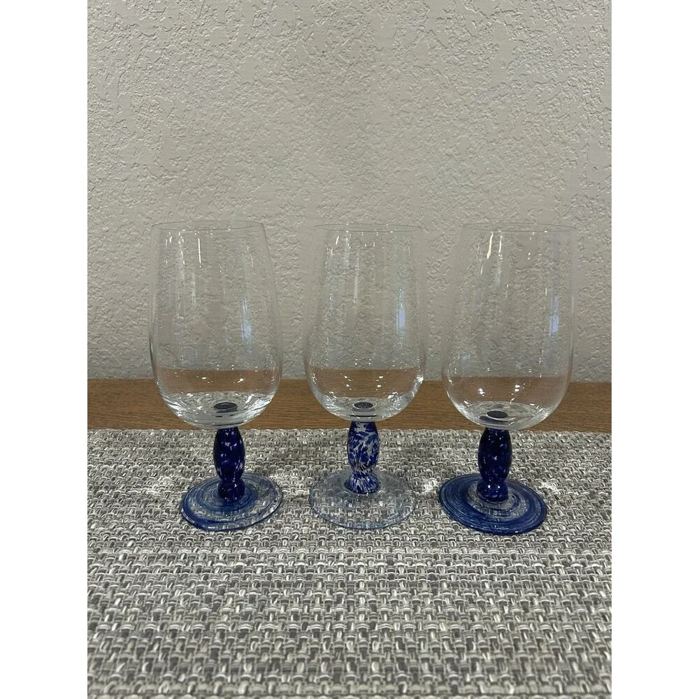 Hand Blown Glass Wine Glasses Cobalt Blue Swirl Speckled Stems Set Of 3 Ht 8.5